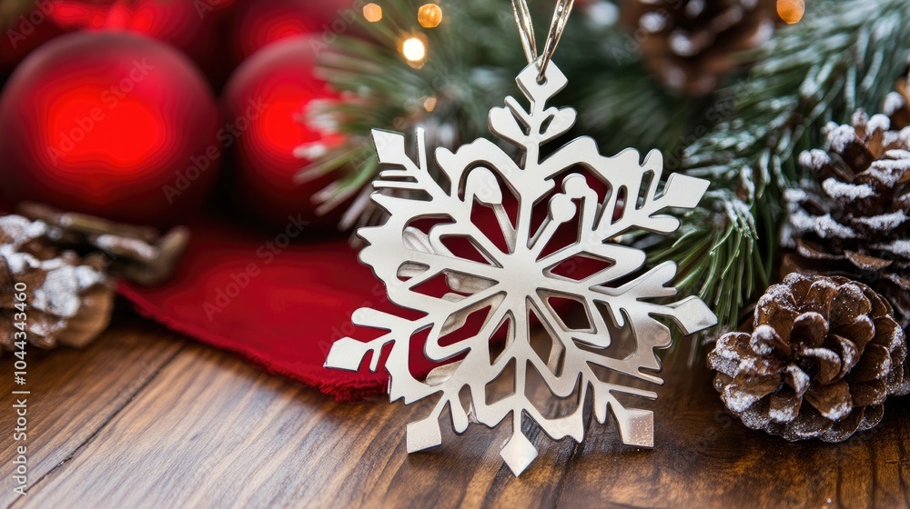 Elegant Silver Snowflake Ornament on Holiday Background Elegant Silver Snowflake Ornament on Holiday Background