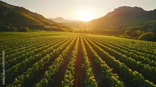 Vineyard Rows at Sunset, winery, grapes, sunrise, golden hour, landscape