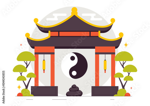 Feng Shui Oriental Philosophy Vector Illustration Featuring Stones and Plants for the Positive Energy of the Five Elements and the Balance of Yin Yang