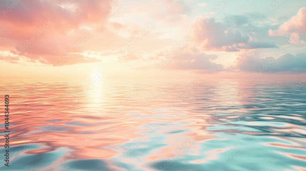 Naklejka premium Serene ocean at sunset with pastel clouds and calm waters.