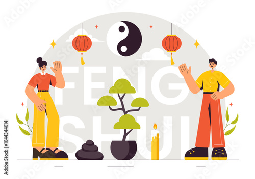 Feng Shui Oriental Philosophy Vector Illustration Featuring Stones and Plants for the Positive Energy of the Five Elements and the Balance of Yin Yang