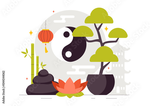 Feng Shui Oriental Philosophy Vector Illustration Featuring Stones and Plants for the Positive Energy of the Five Elements and the Balance of Yin Yang