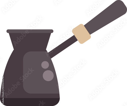 Black cezve with long handle standing on white background, special kitchenware for making traditional turkish coffee