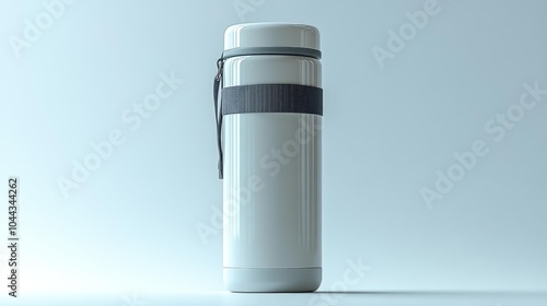 High-quality white thermal bottle mockup with carrying strap on a minimalist background designed for branding outdoor and promotional purposes. Premium metal and sleek design.. Generative AI