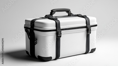 White cooler bag mockup with straps on a white background ideal for showcasing travel or outdoor products. The image focuses on the minimalistic design of a sturdy cooler bag.. Generative AI