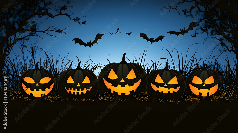 Halloween Jack-o'-lanterns with Bats, jack-o-lantern, pumpkins, night, spooky, scary Halloween Jack-o'-lanterns with Bats, jack-o-lantern, pumpkins, night, spooky, scary