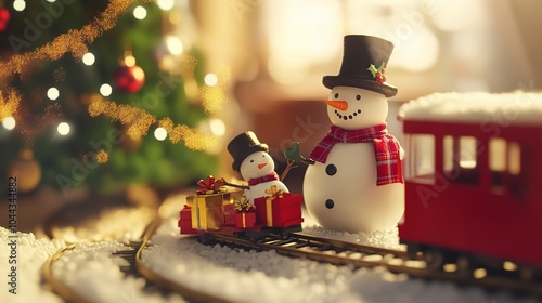 A heartwarming scene of a large snowman and a medium-sized snowman exchanging gifts in a cozy living room decorated for Christmas. The Christmas tree stands nearby, surrounded by festive decorations. 