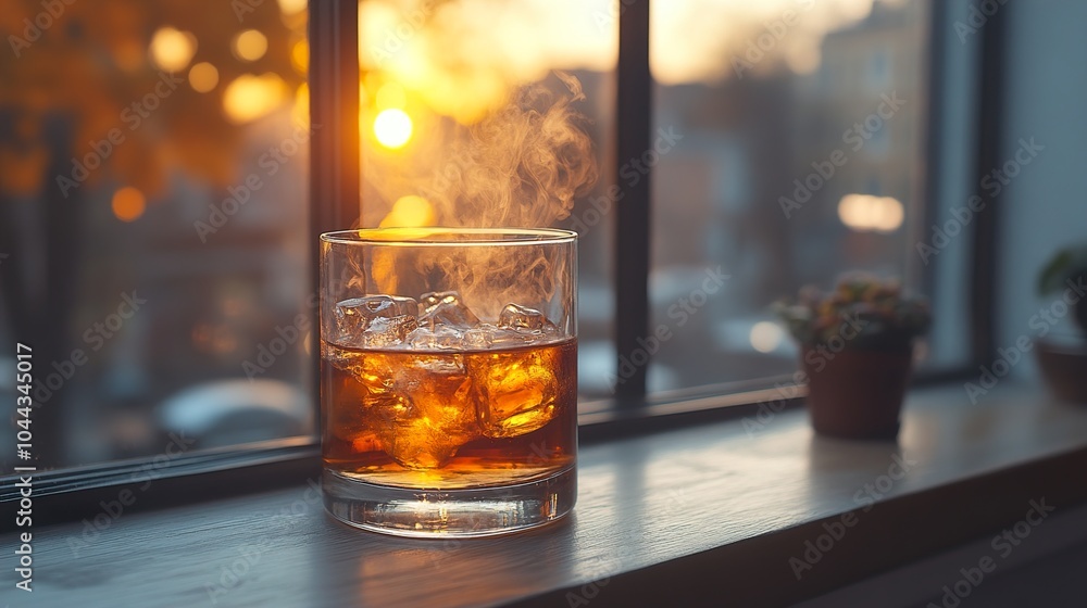 Warm Whiskey with Ice by the Window at Sunset Warm Whiskey with Ice by the Window at Sunset