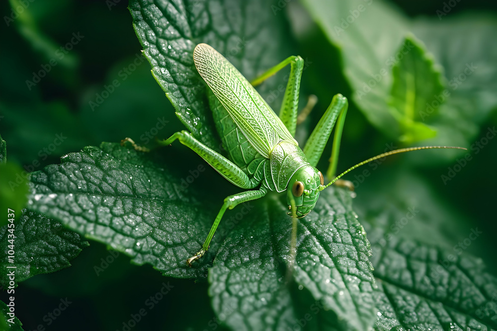 Green Grasshopper Photo - Insect on Vibrant Green Leaf Green Grasshopper Photo - Insect on Vibrant Green Leaf