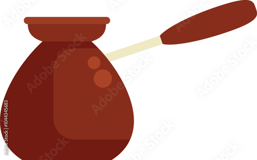 Traditional turkish coffee pot with a long wooden handle is brewing coffee