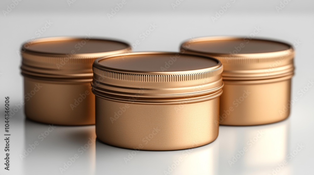 Gold metal containers small round jars with lids for storage or cosmetics three pieces arranged in a row isolated on a white background sleek and elegant design.. Generative AI Gold metal containers small round jars with lids for storage or cosmetics three pieces arranged in a row isolated on a white background sleek and elegant design.. Generative AI