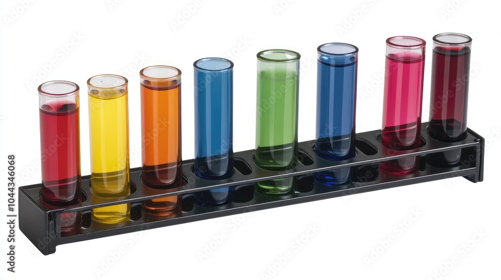 Colorful Test Tubes in Rack Displaying Liquid Samples Colorful Test Tubes in Rack Displaying Liquid Samples
