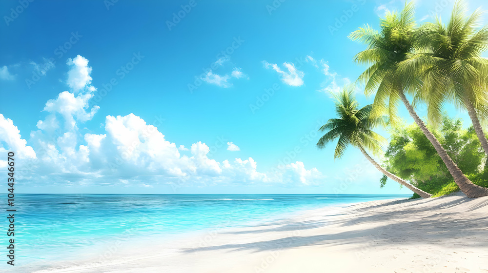 Tropical Beach Paradise, palm trees, ocean, blue sky, white sand, summer Tropical Beach Paradise, palm trees, ocean, blue sky, white sand, summer