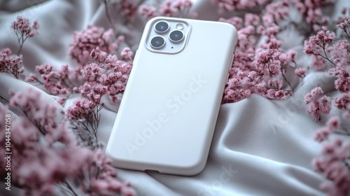 White silicone phone case with floral design on a soft fabric background ideal for mockups or branding presentations. Generative AI photo