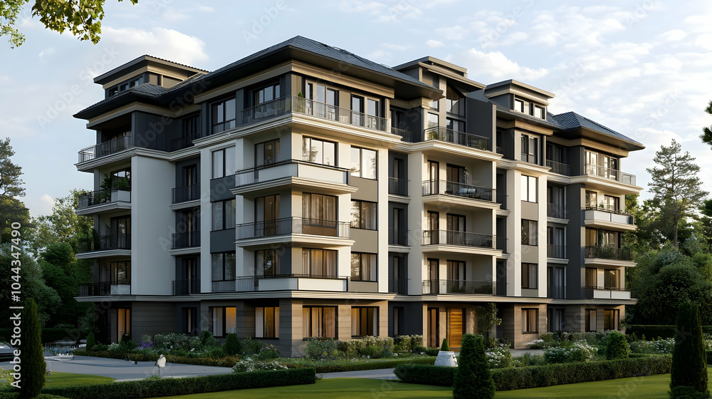 Fototapeta premium Modern apartment building with balconies and gardens, modern architecture, landscaping, exterior, facade, windows
