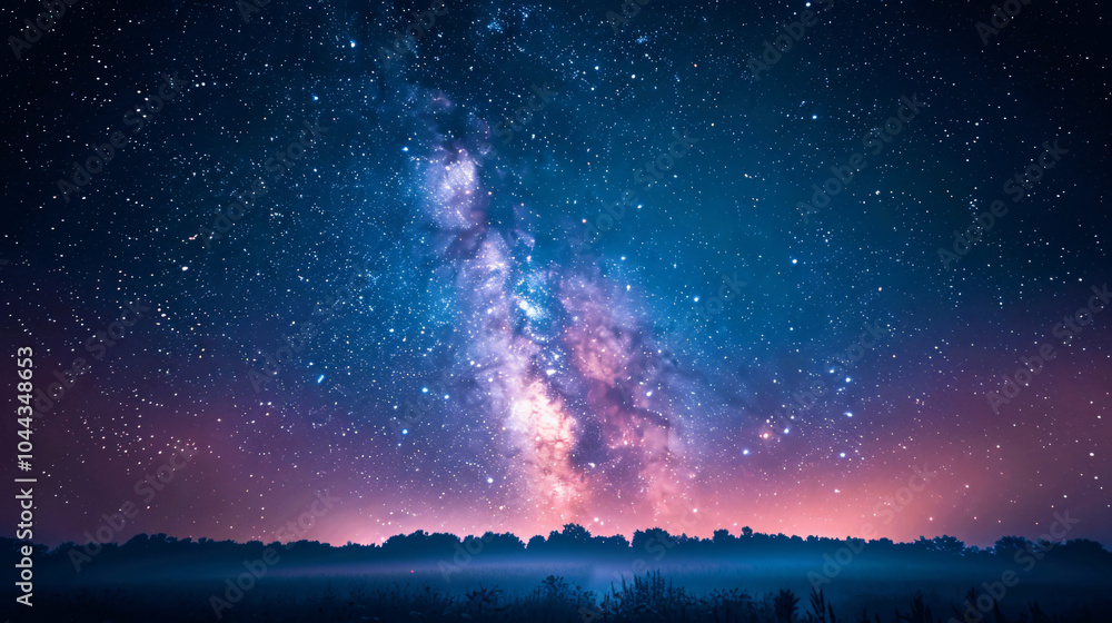 A stunning night sky filled with stars and the Milky Way galaxy, casting a mystical glow over the dark landscape below, showcasing the beauty of the universe for landscapes. A stunning night sky filled with stars and the Milky Way galaxy, casting a mystical glow over the dark landscape below, showcasing the beauty of the universe for landscapes.