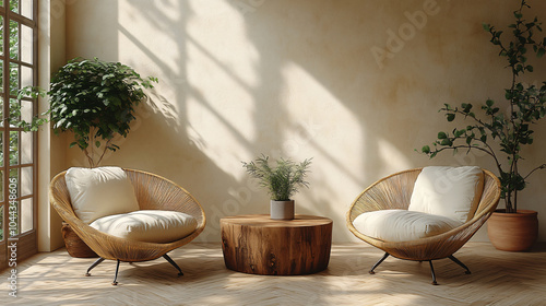 A serene indoor setting showcasing two stylish rattan chairs next to a wooden coffee table and a potted plant, bathed in soft natural light from large windows for lifestyle.