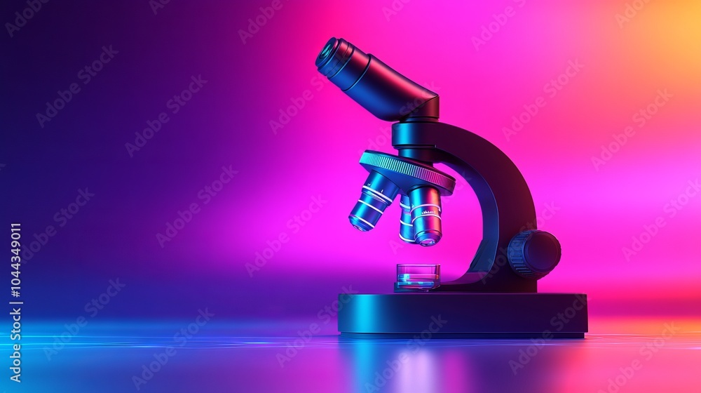 Stylized microscope icon in bold vector style, neon colors fading into a vibrant gradient background, clean graphic perfect for tech and science visuals Stylized microscope icon in bold vector style, neon colors fading into a vibrant gradient background, clean graphic perfect for tech and science visuals