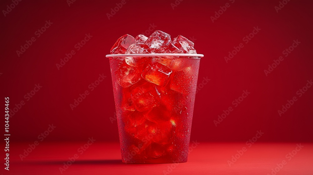 Takeaway cup filled with red soda and ice cubes, vibrant red background, sleek and simple design, capturing bold energy and refreshing sensation Takeaway cup filled with red soda and ice cubes, vibrant red background, sleek and simple design, capturing bold energy and refreshing sensation