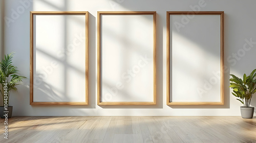 Three Blank Frames on White Wall with Wooden Floor and Plants, interior, design, home decor, mock up, mockup