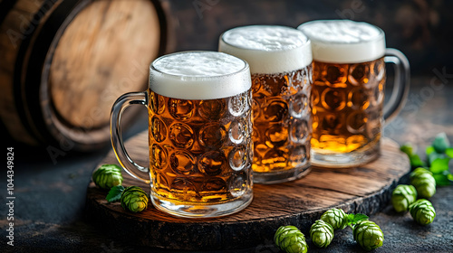 Three Glasses of Beer with Hop Cones, mugs, drink, drinks, beverage, beverages