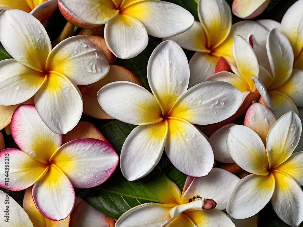 Obraz premium A close-up portrait of charming and beautiful colorful frangipani flowers taken in the flower garden