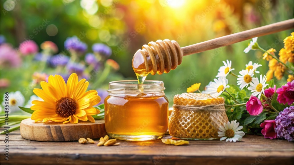 Wooden honey dipper with dripping honey on honeycomb surrounded by flowers in natural setting , nature, honey dipper, honey Wooden honey dipper with dripping honey on honeycomb surrounded by flowers in natural setting , nature, honey dipper, honey