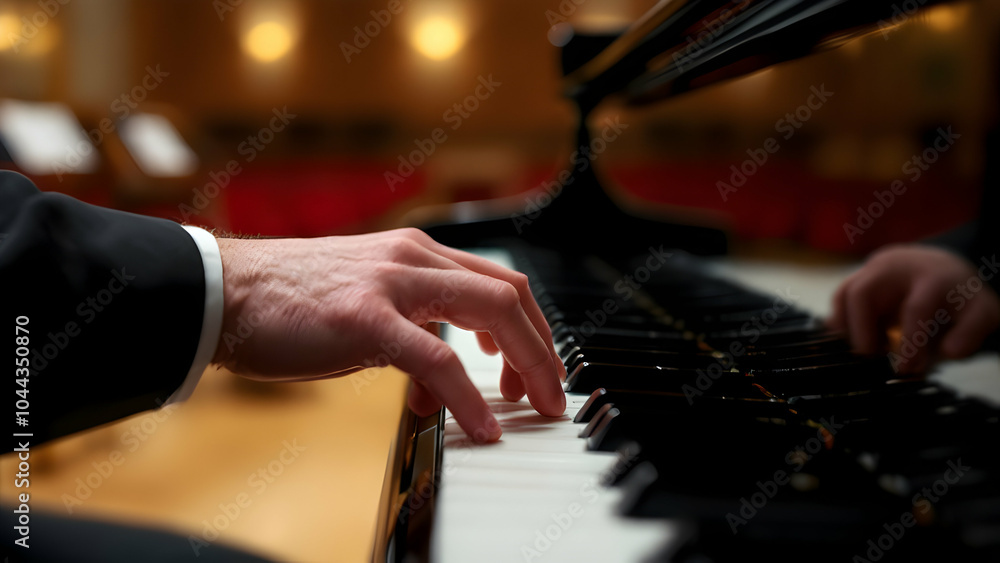 Fototapeta premium Elegant Hand on Piano Keys in Soft Lighting