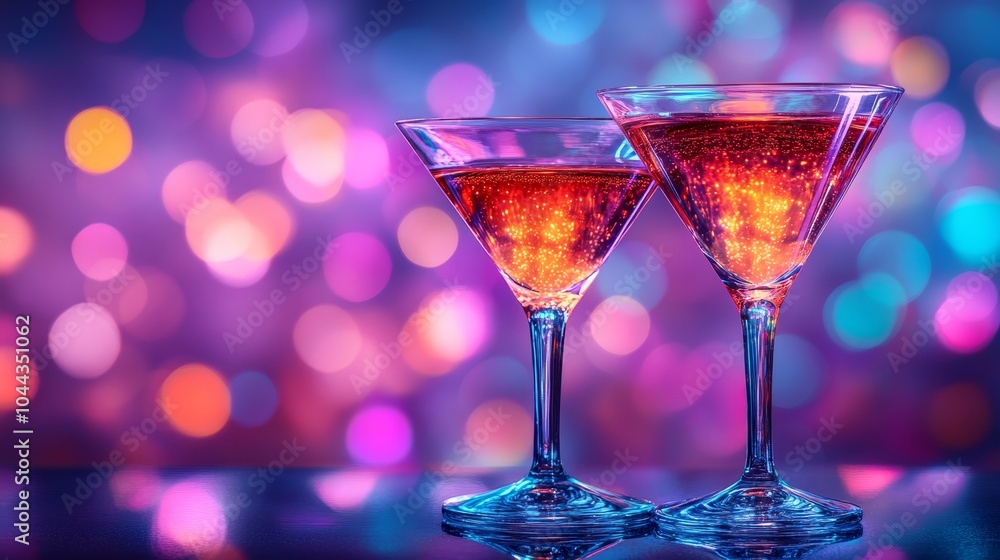 Two glowing martinis, neon liquid illuminating the elegant glassware, with a backdrop of soft, colorful bokeh, exuding luxury and vibrant energy Two glowing martinis, neon liquid illuminating the elegant glassware, with a backdrop of soft, colorful bokeh, exuding luxury and vibrant energy
