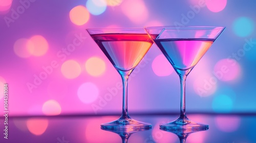 Two glowing martinis, neon liquid illuminating the elegant glassware, with a backdrop of soft, colorful bokeh, exuding luxury and vibrant energy