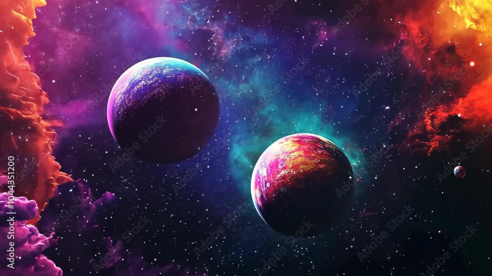 Two planets orbit each other in a vibrant galaxy, surrounded by colorful nebulae Two planets orbit each other in a vibrant galaxy, surrounded by colorful nebulae