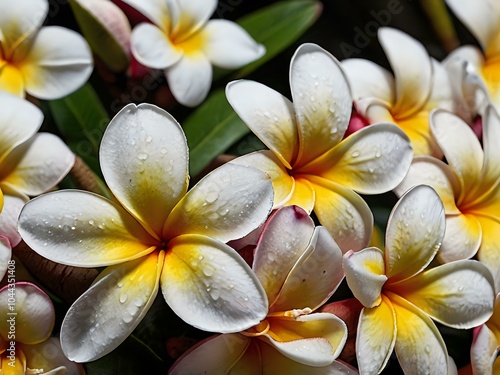 A close-up portrait of charming and beautiful colorful frangipani flowers taken in the flower garden photo