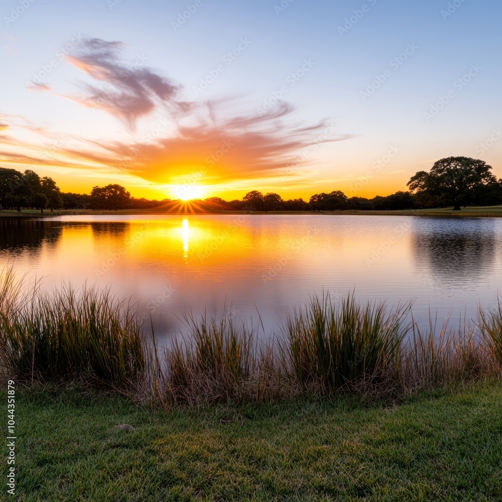 Serene sunset over a tranquil lake with reflections and lush greenery. Serene sunset over a tranquil lake with reflections and lush greenery.