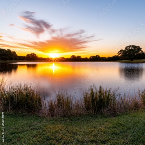 Serene sunset over a tranquil lake with reflections and lush greenery.