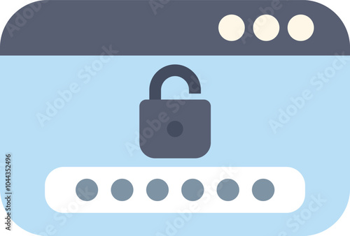 Simple flat illustration of a website login window with an unlocked padlock over a password field, depicting the concept of user access