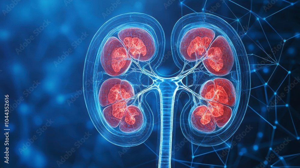 A blue and red image of a kidney. The red is the blood. The image is of a computer generated image A blue and red image of a kidney. The red is the blood. The image is of a computer generated image