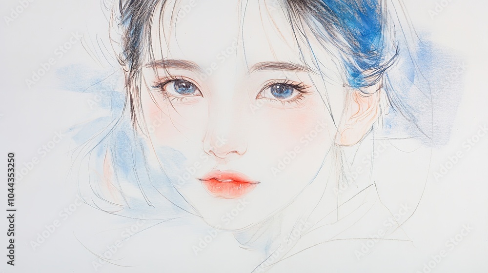 Fine lines and smooth strokes in a blue pencil sketch of a cute Chinese girl portrait. Delicate manuscript-style drawing with soft, artistic details, capturing innocence and charm Fine lines and smooth strokes in a blue pencil sketch of a cute Chinese girl portrait. Delicate manuscript-style drawing with soft, artistic details, capturing innocence and charm