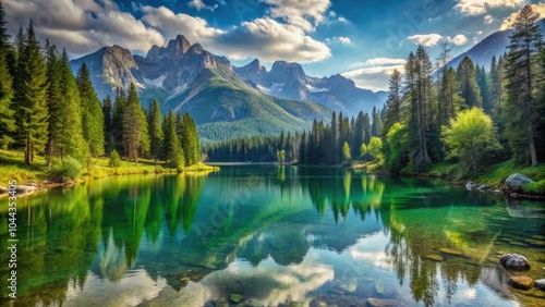 Tranquil lake surrounded by majestic mountains and a lush forest , serene, nature, landscape, scenery, tranquil, peaceful