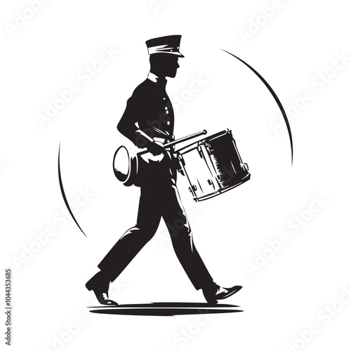 Marching Band Drummer in Black Silhouette with Detail, Isolated Stock Vector on white background.