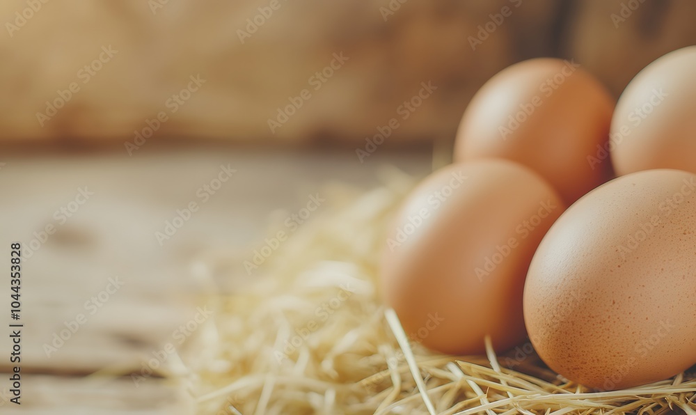 Close up of fresh brown eggs on hay, Generative AI Close up of fresh brown eggs on hay, Generative AI