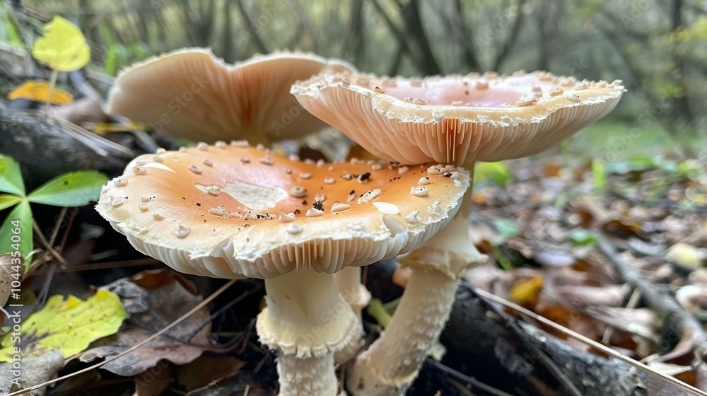 Myco Marvels: Close-Up View of White and Orange Cap Mushrooms in Their Forest Habitat Myco Marvels: Close-Up View of White and Orange Cap Mushrooms in Their Forest Habitat