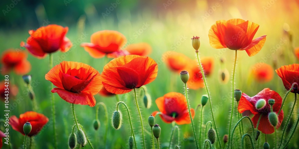 Fototapeta premium Vibrant red poppies standing out in lush green grass , vibrant, red, poppies, flowers, green, grass, nature, beautiful, meadow