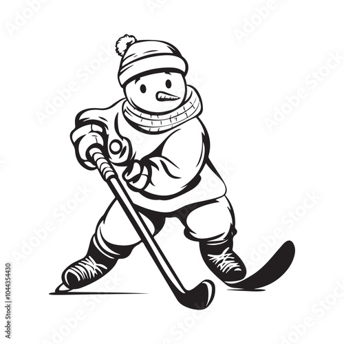 Snowmen Playing Hockey Vector Illustration Black and White Stock Image Isolated on White Background