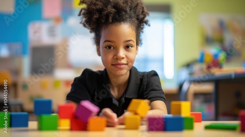 Young Girl Playing with Colorful Blocks in a Classroom