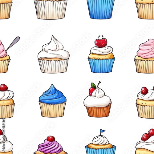 Seamless Pattern of Colorful Cupcakes with Whipped Cream and Berries, Playful Design for Fabric, Gift Wrap, or Wallpaper, Featuring Cute Cupcakes and Toppings