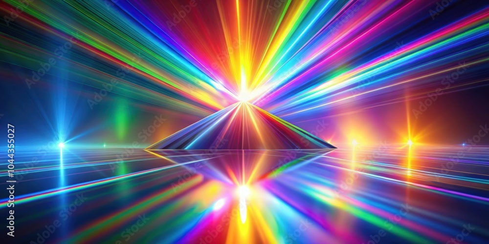 Rainbow light rays flash and glow on abstract holographic background, reflecting refraction through a prism Rainbow light rays flash and glow on abstract holographic background, reflecting refraction through a prism