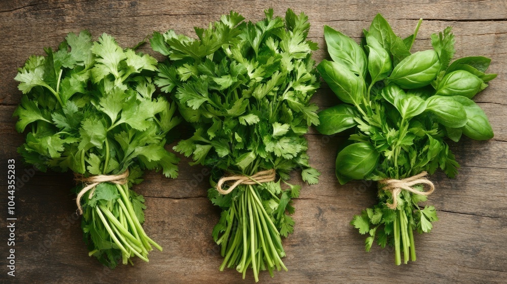 Close-up of fresh parsley, cilantro, and basil herbs tied together with string on a rustic surface.