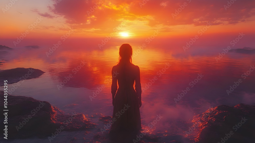 Obraz premium Silhouette of a Woman Standing on a Rocky Shoreline at Sunset - Digital Illustration
