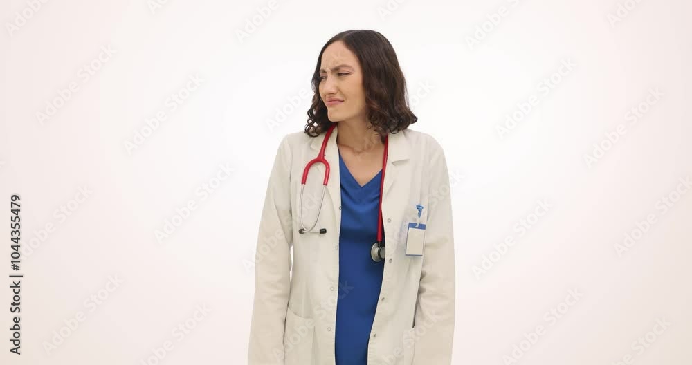 Woman doctor extends hands outward in gesture of refusal. Female physician shakes hand near nose indicating disgust from bad smell slow motion Woman doctor extends hands outward in gesture of refusal. Female physician shakes hand near nose indicating disgust from bad smell slow motion