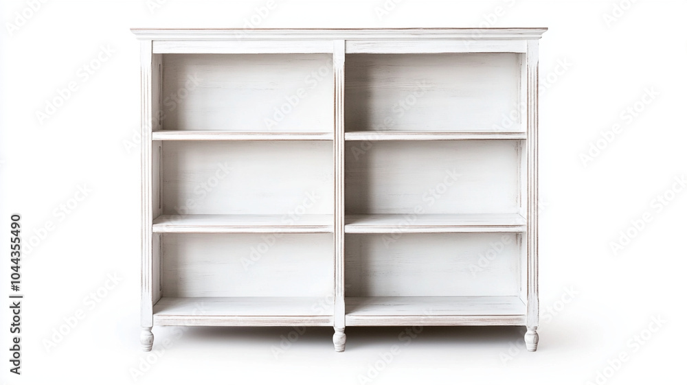 Distressed white wood bookshelf with open shelves, perfect for displaying books and decor. Its vintage charm adds cozy touch to any room Distressed white wood bookshelf with open shelves, perfect for displaying books and decor. Its vintage charm adds cozy touch to any room
